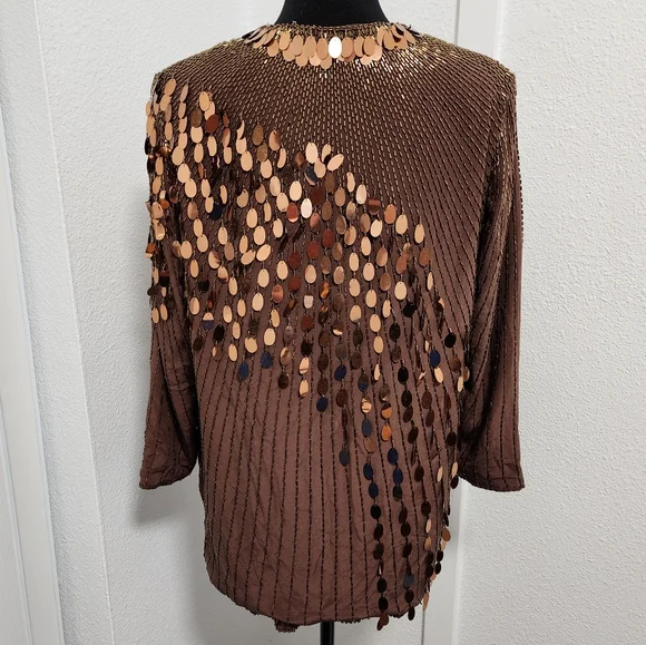Vintage 100% Silk Chocolate Brown Copper Sequin Beaded Cardigan - Picture 2 of 7